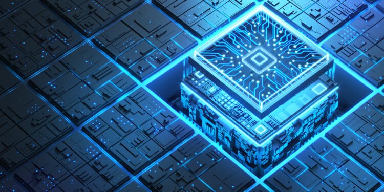 Blue glowing futuristic semiconductor and circuit board.
