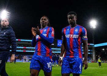 LONDON, ENGLAND - MAY 5: Remi Matthews, Ebere Eze, Marc Guehi during the Premier League match between Crystal Palace FC and Nottingham Forest FC at Selhurst Park on May 5, 2025 in London, United Kingdom. (Photo by Sebastian Frej/MB Media/Getty Images)