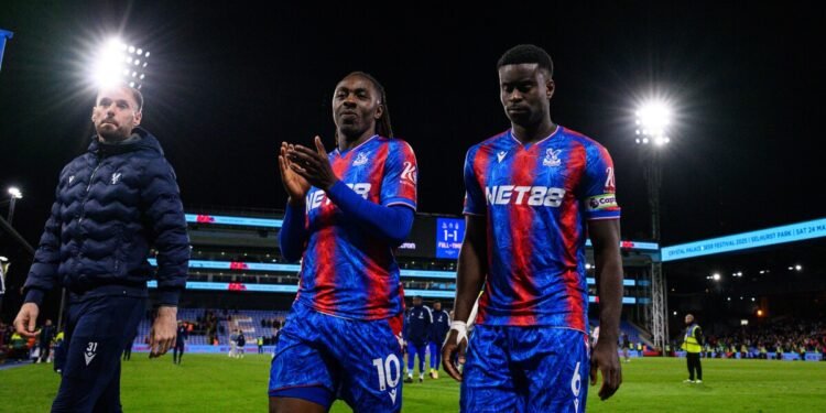 LONDON, ENGLAND - MAY 5: Remi Matthews, Ebere Eze, Marc Guehi during the Premier League match between Crystal Palace FC and Nottingham Forest FC at Selhurst Park on May 5, 2025 in London, United Kingdom. (Photo by Sebastian Frej/MB Media/Getty Images)