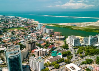 Victoria Island Lagos, Nigeria - 24 June 2021: Drone view of major roads and traffic in Victoria Island Lagos showing the cityscape, offices and residential buildings.