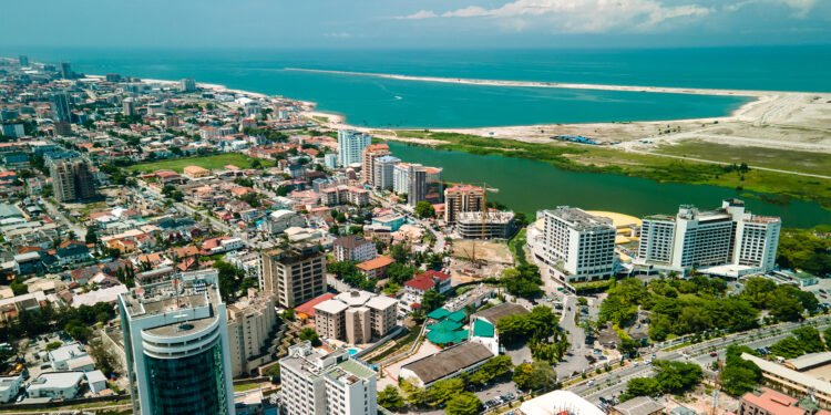 Victoria Island Lagos, Nigeria - 24 June 2021: Drone view of major roads and traffic in Victoria Island Lagos showing the cityscape, offices and residential buildings.