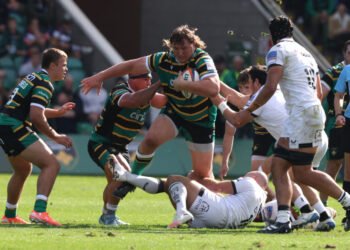 NORTHAMPTON, ENGLAND - SEPTEMBER 28:  JJ van der Mescht of Northampton Saints charges upfield during the Gallagher PREM match between Northampton Saints and Exeter Chiefs at cinch Stadium at Franklin's Gardens on September 28, 2025 in Northampton, England. (Photo by David Rogers/Getty Images)