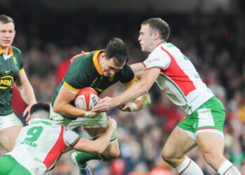 CARDIFF, WALES - NOVEMBER 23:South Africa's Franco Mostert is tackled by Wales Ellis Bevan during the Autumn Nations Series 2024 match between Wales and South Africa at Principality Stadium on November 23, 2024 in Cardiff, Wales. (Photo by Ian Cook - CameraSport via Getty Images)