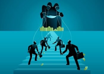 Ponzi scheme nets millions for conmen 16 Ponzi scheme or investment fraud. Men climb stairs toward money stacks, unaware they are controlled by a giant dark hand. Symbol of financial deception luring investors with false promises of wealth.