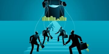 Ponzi scheme nets millions for conmen 31 Ponzi scheme or investment fraud. Men climb stairs toward money stacks, unaware they are controlled by a giant dark hand. Symbol of financial deception luring investors with false promises of wealth.